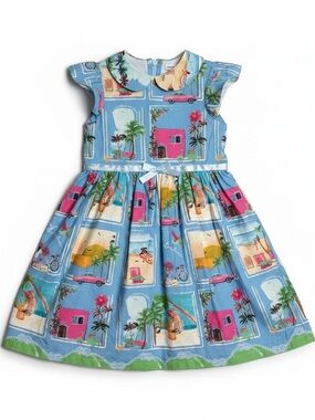 Patachou Girls Blue Postcard Beach Print Dress Size 8Y Cotton Peter Pan Collar